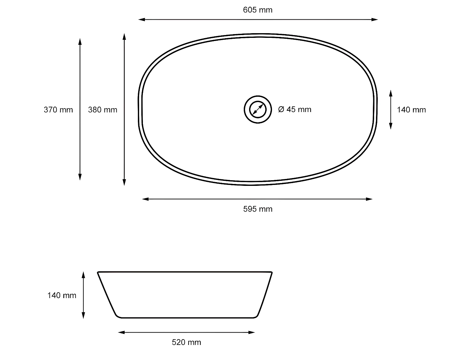 Lavabo de cerámica blanca con desagüe automático 605 x 380 mm ECD Germany