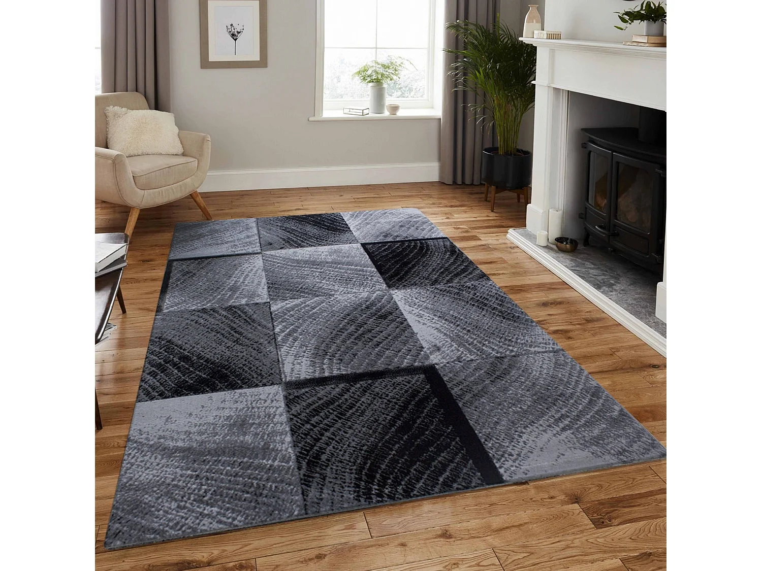 CARREAUX - Tapis à motifs carreaux en damier - Noir et Gris 200 x 290 cm