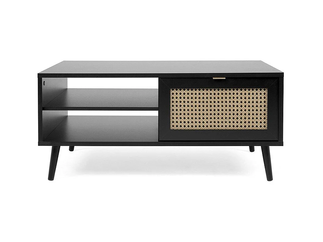 Table Basse 1 Porte 2 Niches Impression Cannage et Noir L100 x H46 x P60 cm - VILLA