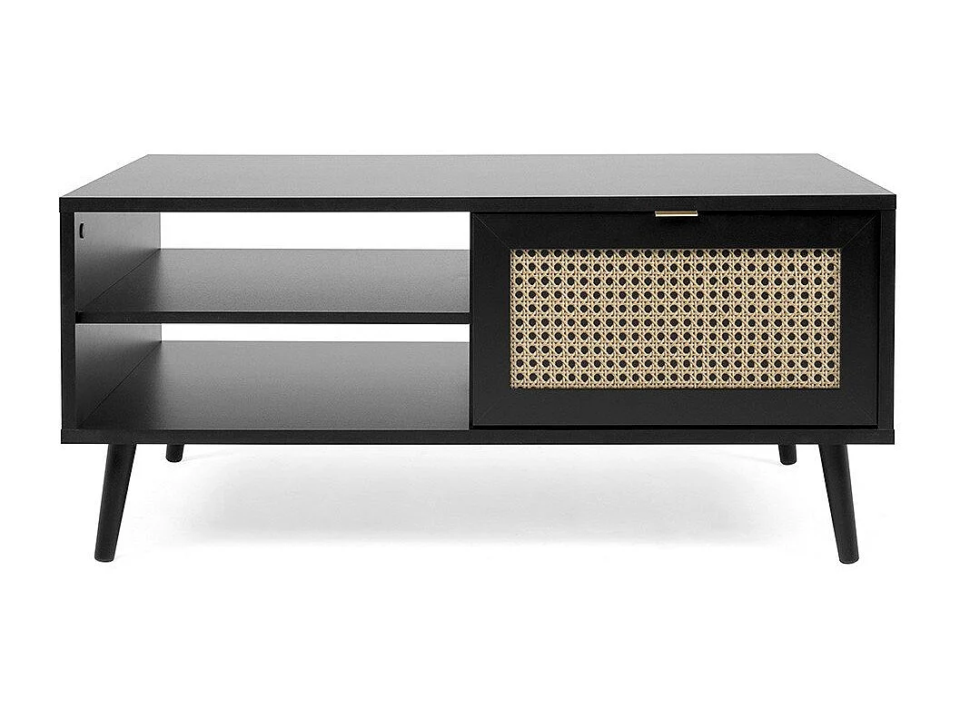 Table Basse 1 Porte 2 Niches Impression Cannage et Noir L100 x H46 x P60 cm - VILLA