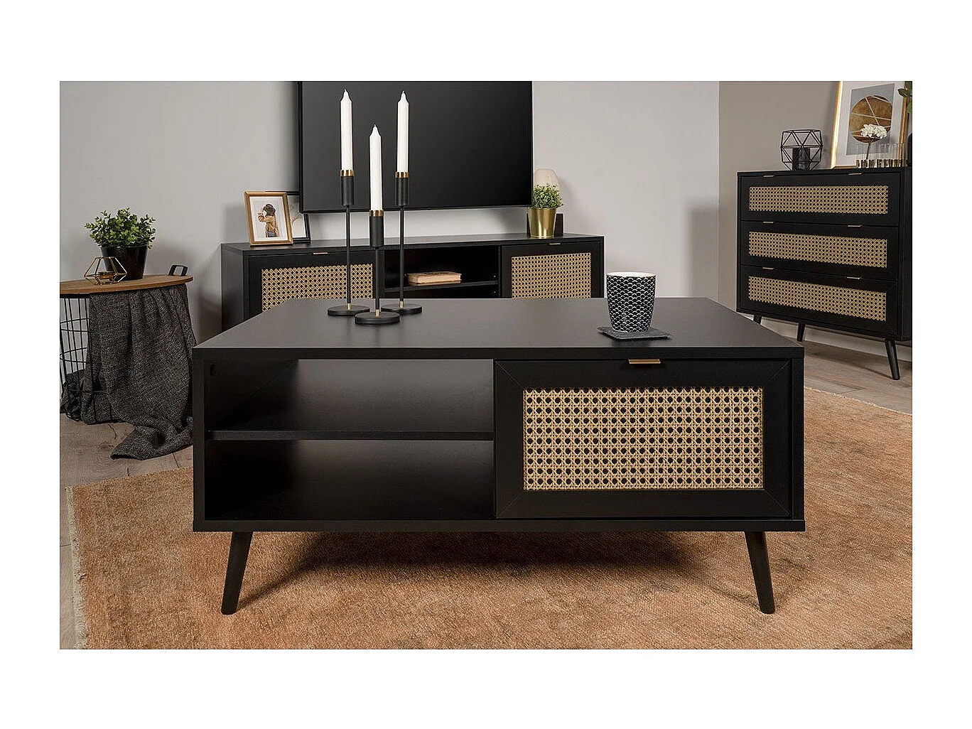 Table Basse 1 Porte 2 Niches Impression Cannage et Noir L100 x H46 x P60 cm - VILLA