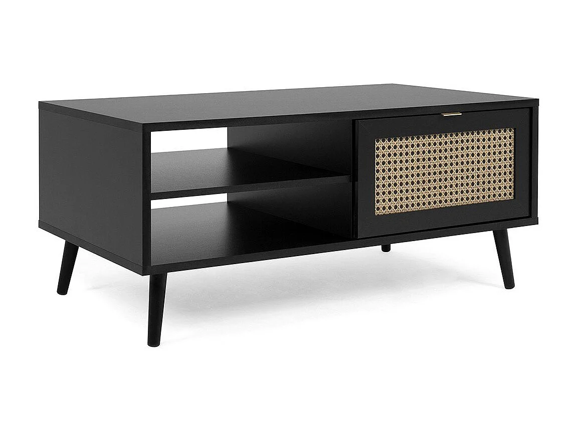 Table Basse 1 Porte 2 Niches Impression Cannage et Noir L100 x H46 x P60 cm - VILLA