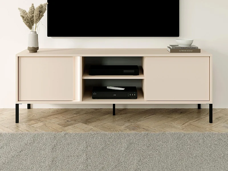Móvel de TV 2 portas e 2 nichos com LEDs bege - ELYNIA