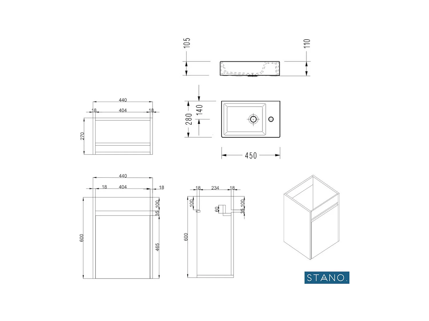 Meuble lave-main salle de bain design MESSINA largeur 45 cm blanc laqué