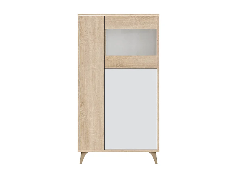 Vetrina Atlanta, Vetrinetta moderna a 3 ante, Credenza da soggiorno o salotto, Madia alta con ripiani, 77x33h142 cm, Rovere e Bianco