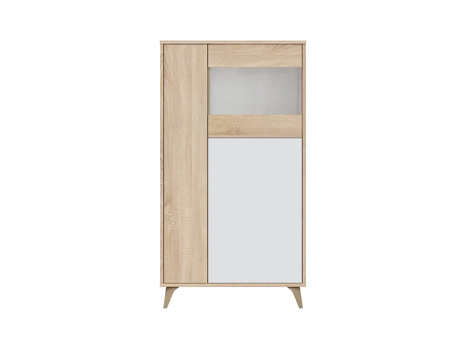Vitrina Atlanta, Vitrina moderna com 3 portas, Aparador para sala ou lounge, Aparador alto com prateleiras, 77x33h142 cm, Carvalho e Branco