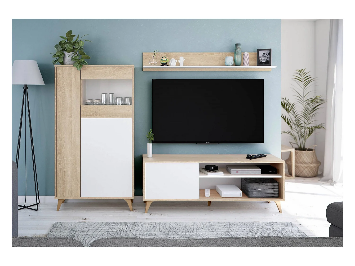 Vitrine Atlanta, Vitrine moderne avec 3 portes, Buffet pour salon ou salon, Buffet haut avec étagères, 77x33h142 cm, Chêne et Blanc