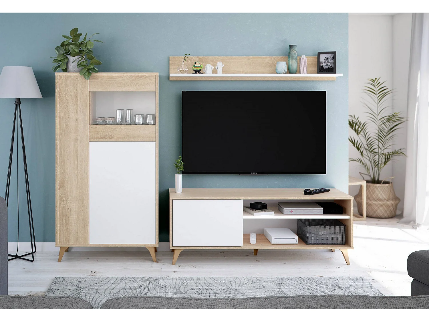 Vitrine Atlanta, Vitrine moderne avec 3 portes, Buffet pour salon ou salon, Buffet haut avec étagères, 77x33h142 cm, Chêne et Blanc