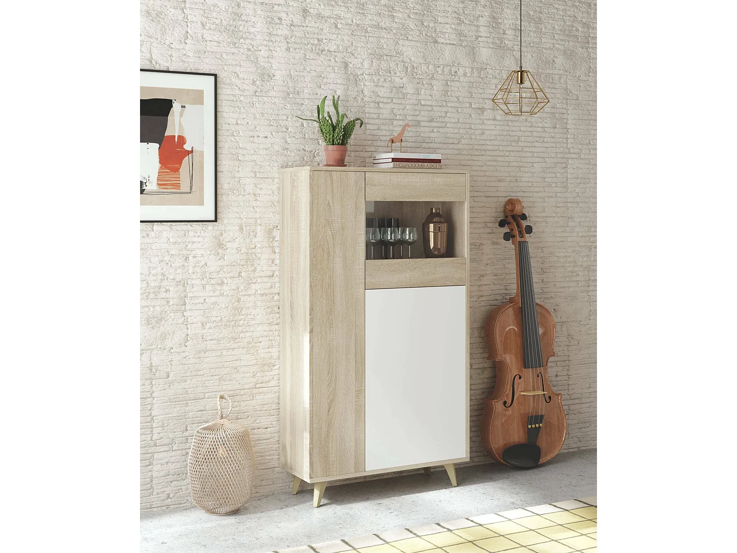 Escaparate Atlanta, Vitrina moderna con 3 puertas, Aparador para salón o sala de estar, Aparador alto con baldas, 77x33h142 cm, Roble y Blanco