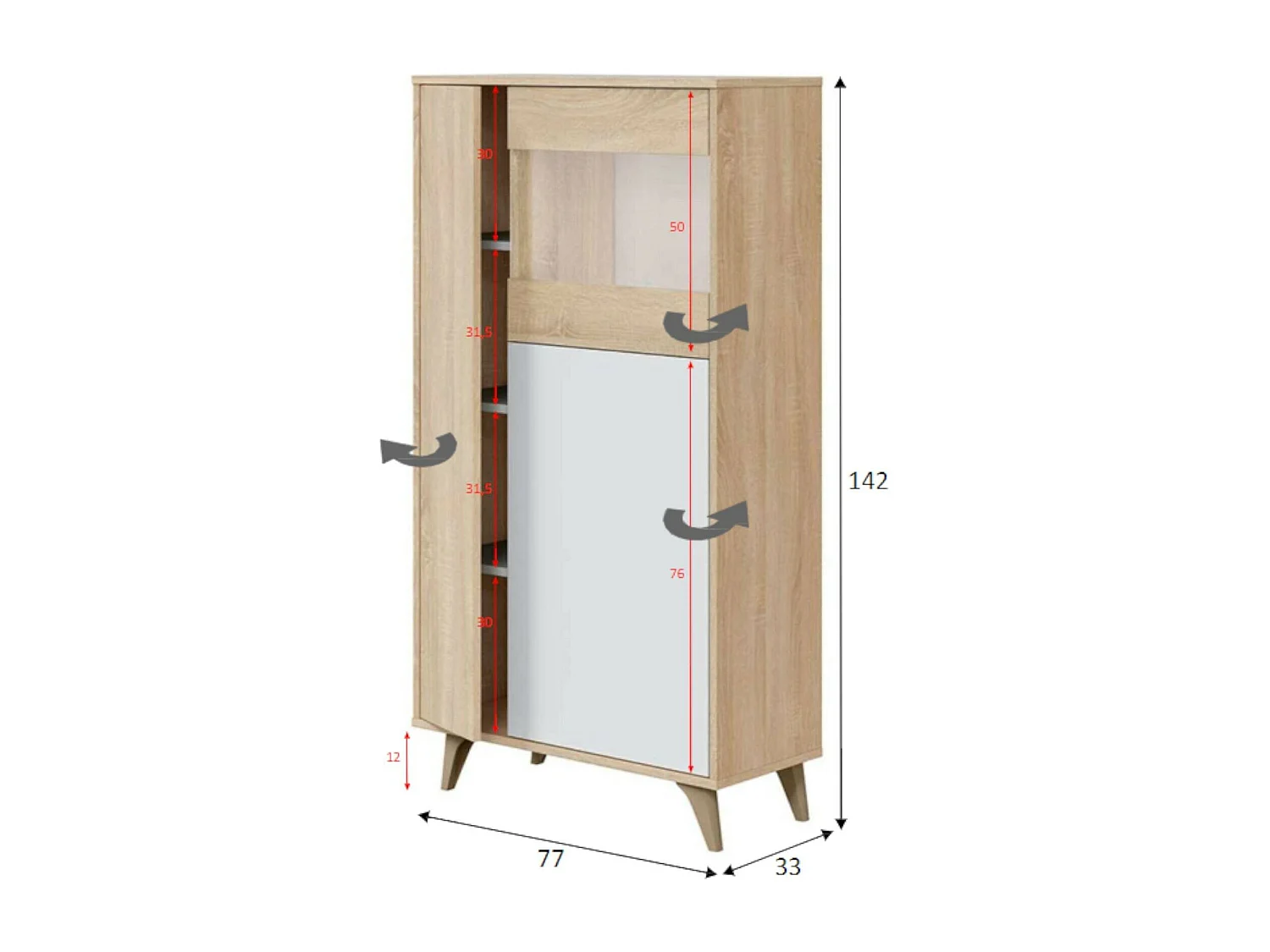 Escaparate Atlanta, Vitrina moderna con 3 puertas, Aparador para salón o sala de estar, Aparador alto con baldas, 77x33h142 cm, Roble y Blanco