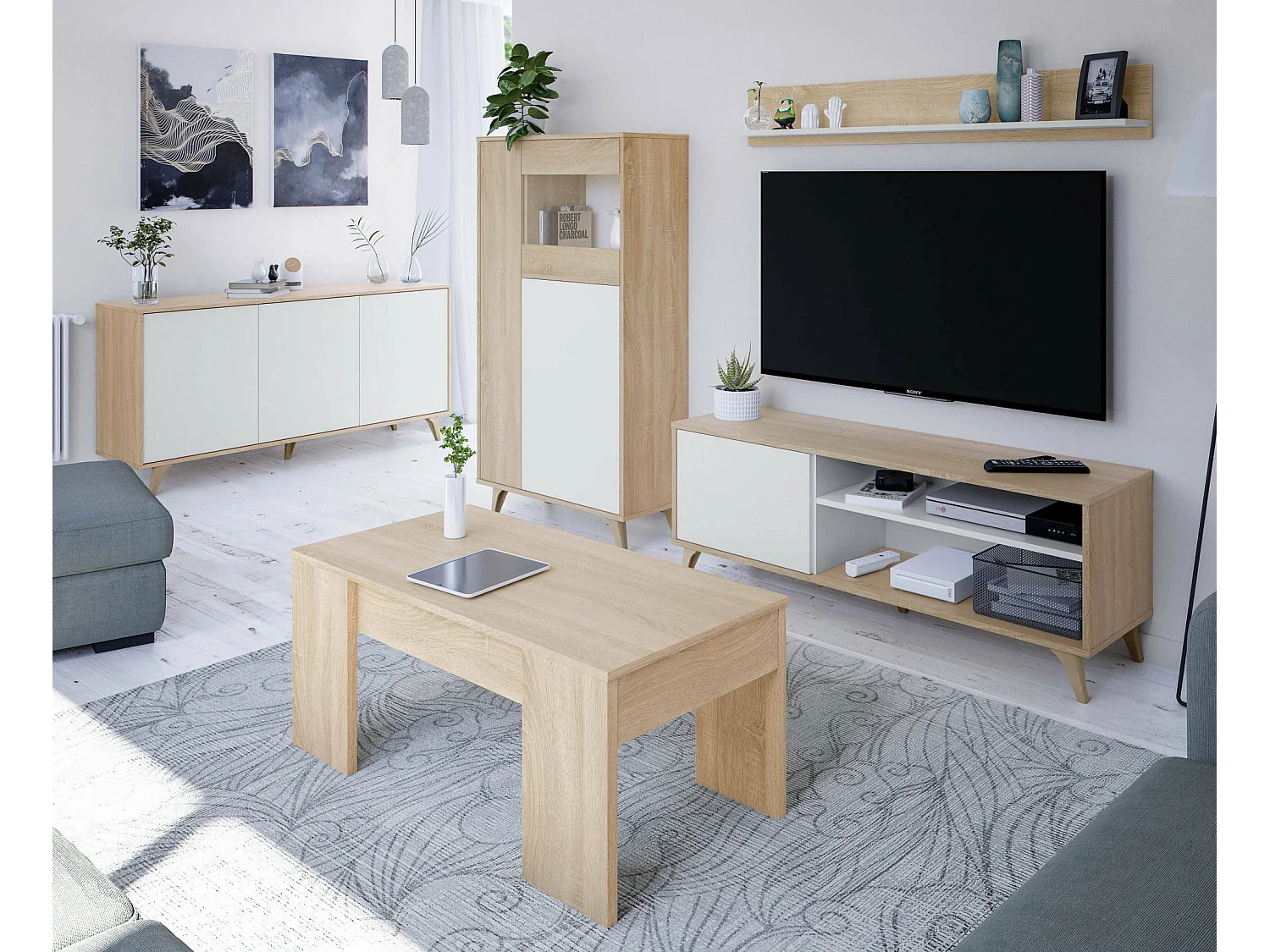 Escaparate Atlanta, Vitrina moderna con 3 puertas, Aparador para salón o sala de estar, Aparador alto con baldas, 77x33h142 cm, Roble y Blanco