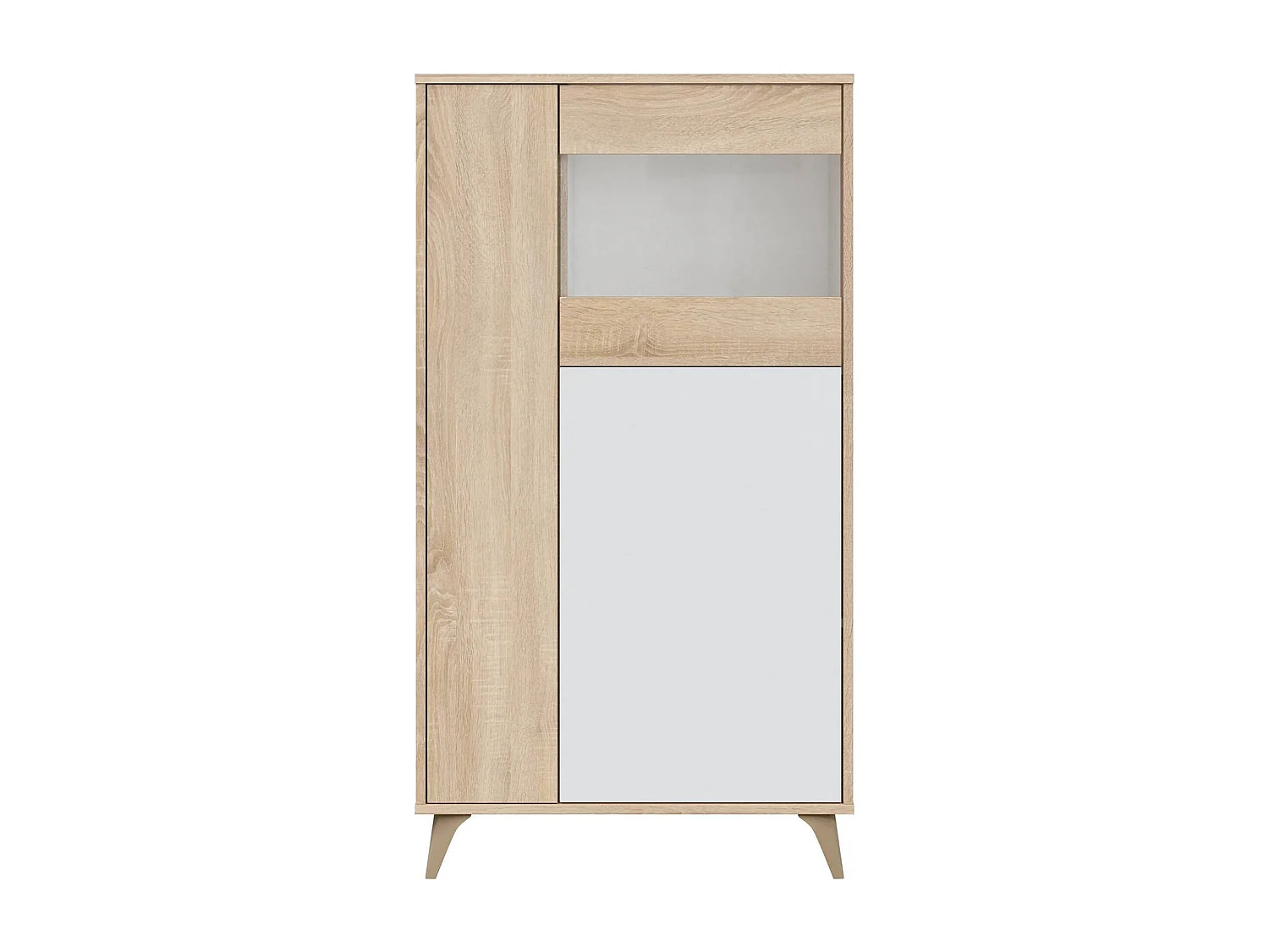 Escaparate Atlanta, Vitrina moderna con 3 puertas, Aparador para salón o sala de estar, Aparador alto con baldas, 77x33h142 cm, Roble y Blanco