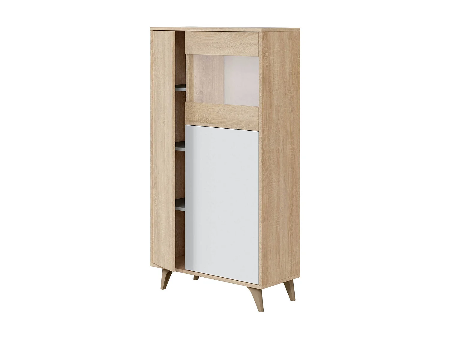 Escaparate Atlanta, Vitrina moderna con 3 puertas, Aparador para salón o sala de estar, Aparador alto con baldas, 77x33h142 cm, Roble y Blanco