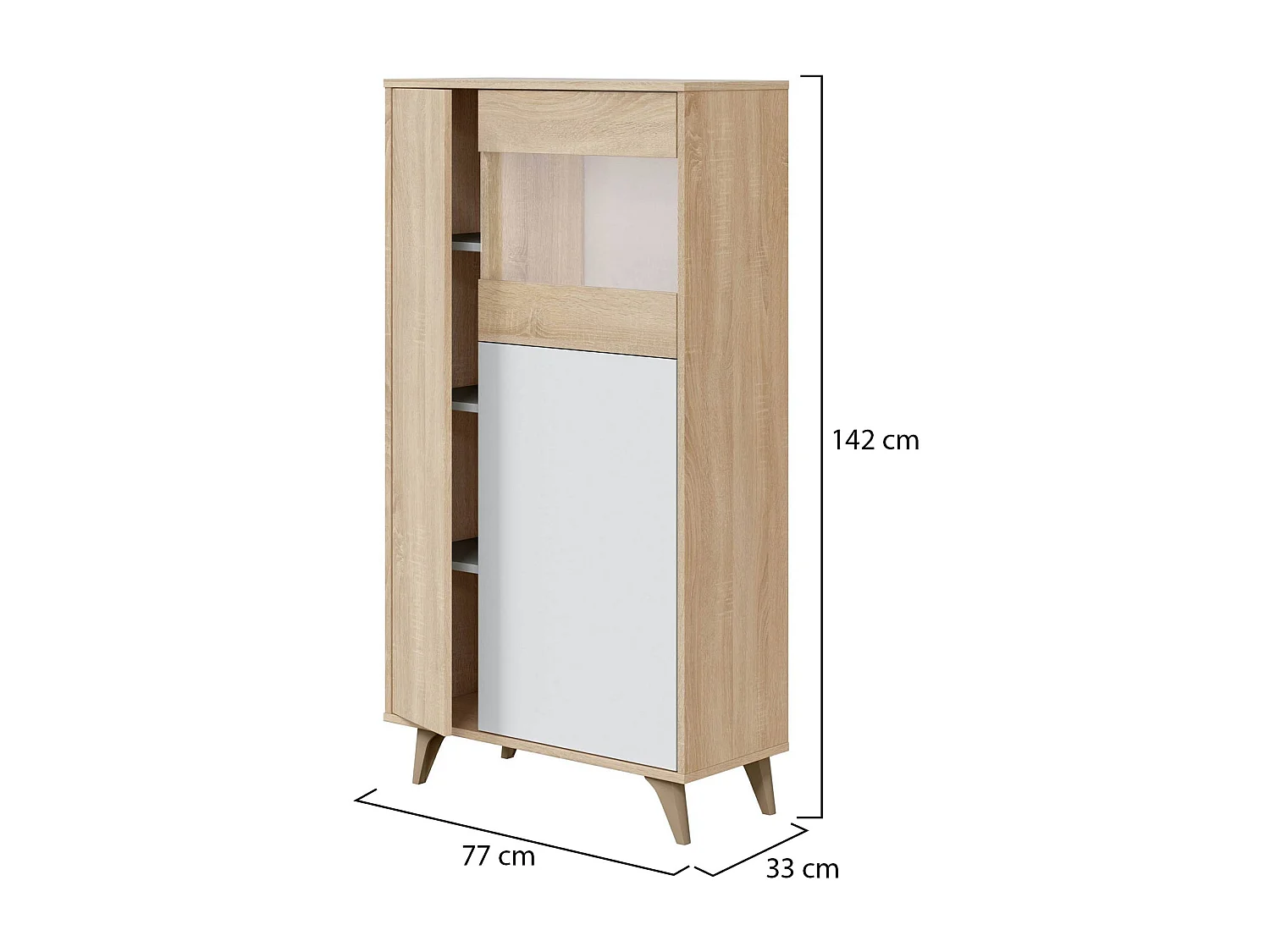 Escaparate Atlanta, Vitrina moderna con 3 puertas, Aparador para salón o sala de estar, Aparador alto con baldas, 77x33h142 cm, Roble y Blanco
