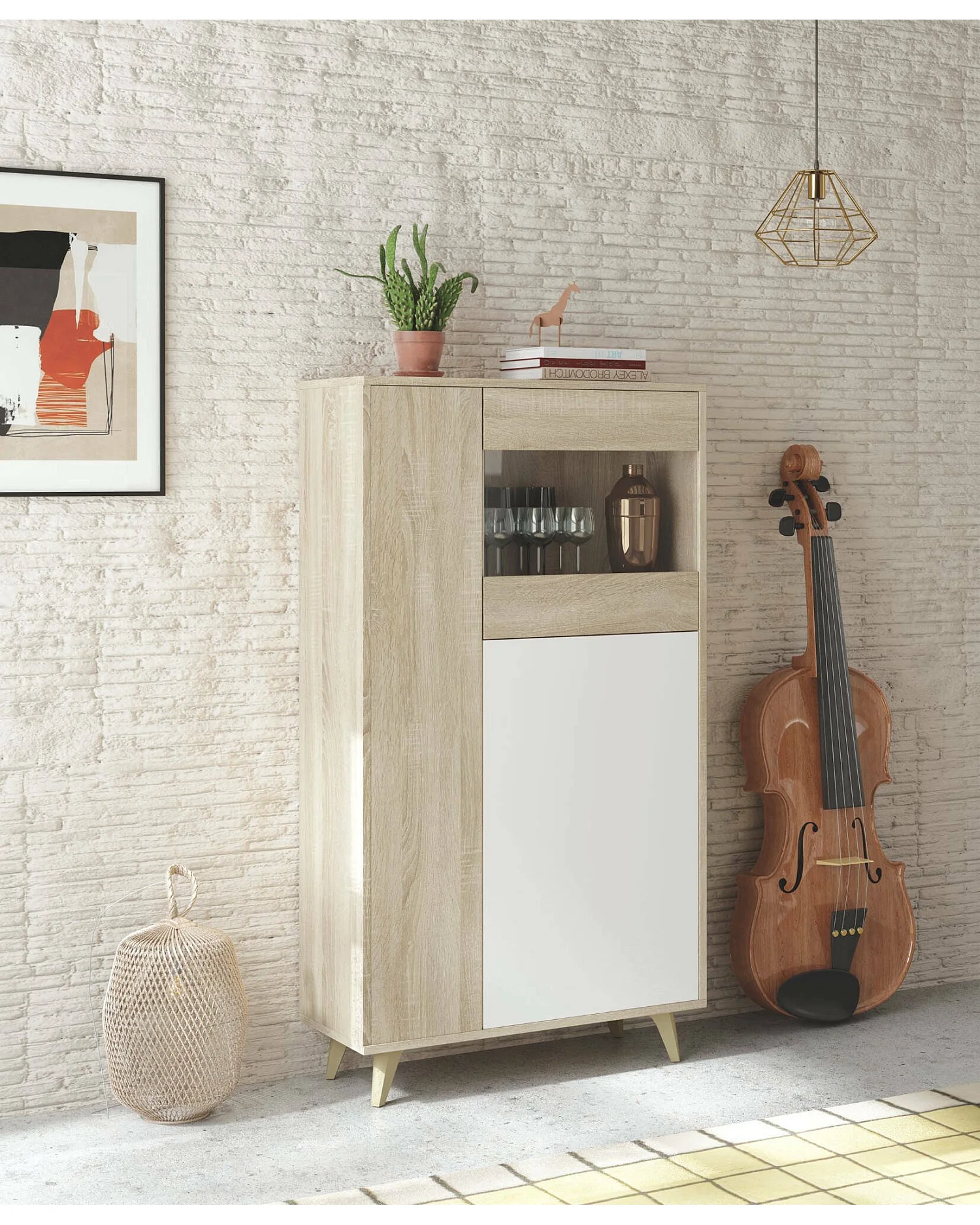 Vitrine Atlanta, Vitrine moderne avec 3 portes, Buffet pour salon ou salon, Buffet haut avec étagères, 77x33h142 cm, Chêne et Blanc