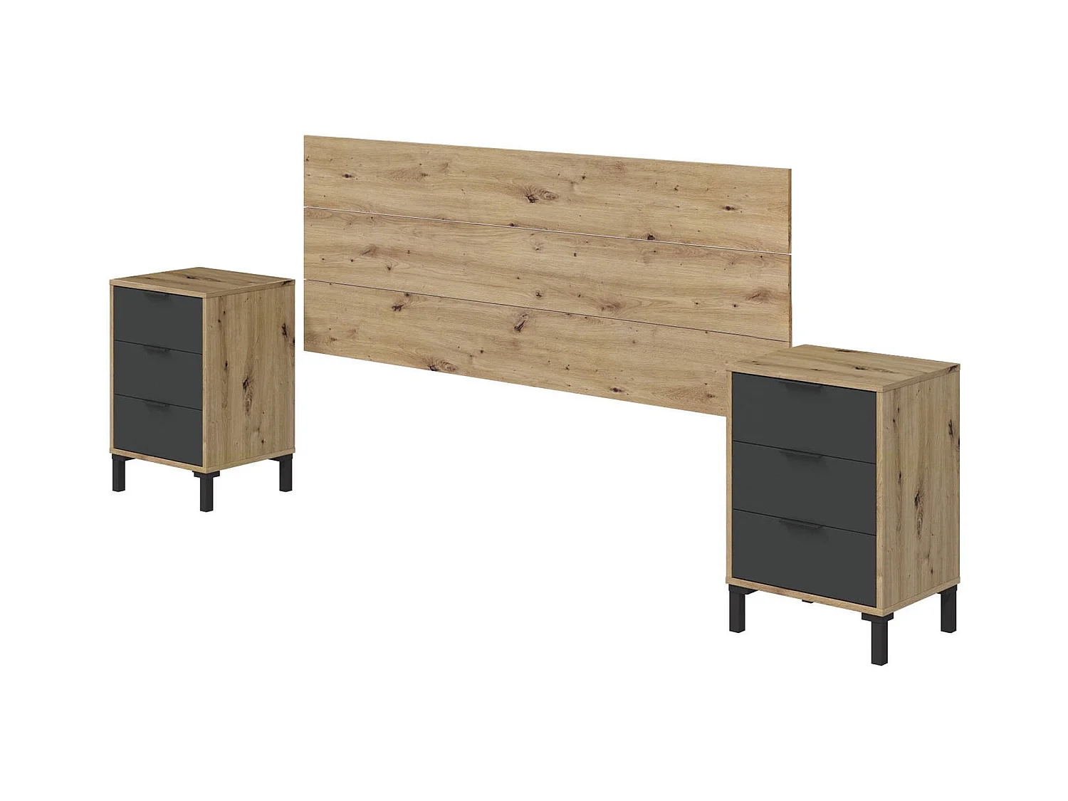 Table de chevet, ensemble de chambre, tête de lit et 2 chevets avec 3 tiroirs Birmingham, 160x2 cm, chêne effet nÅ"ud et anthracite