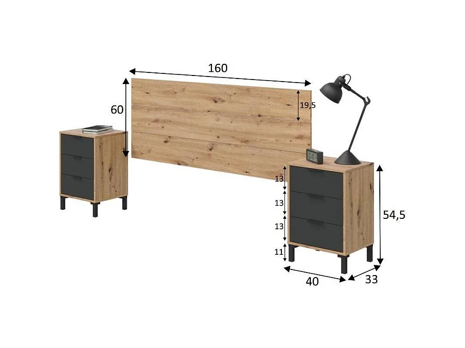 Table de chevet, ensemble de chambre, tête de lit et 2 chevets avec 3 tiroirs Birmingham, 160x2 cm, chêne effet nÅ"ud et anthracite