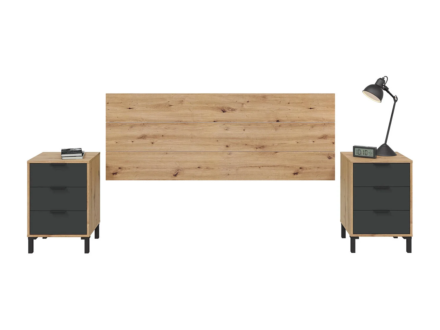 Mesa de cabeceira Birmingham, jogo de quarto, cabeceira e 2 mesas de cabeceira com 3 gavetas, 160x2 cm, carvalho efeito nó e antracite