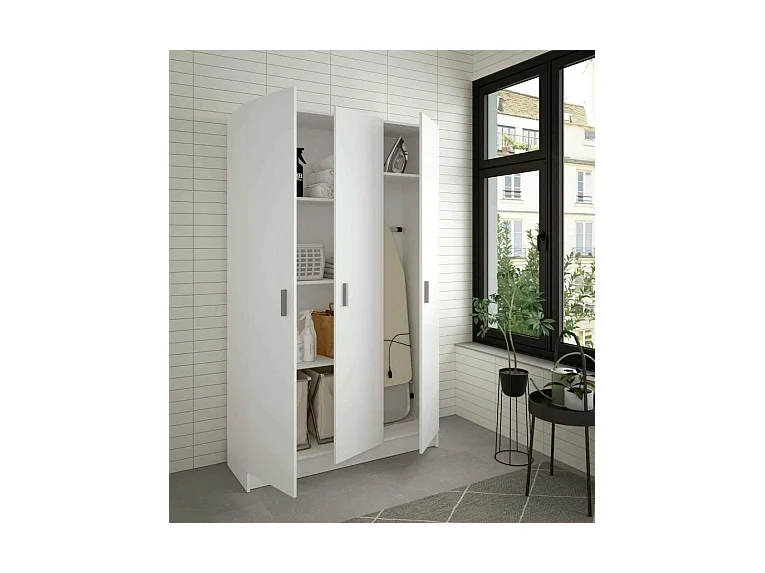 Armário multiuso Beaumont, Armário auxiliar com 3 portas, Armário para sapatos, Armário para vassouras, 109x37h180 cm, Branco