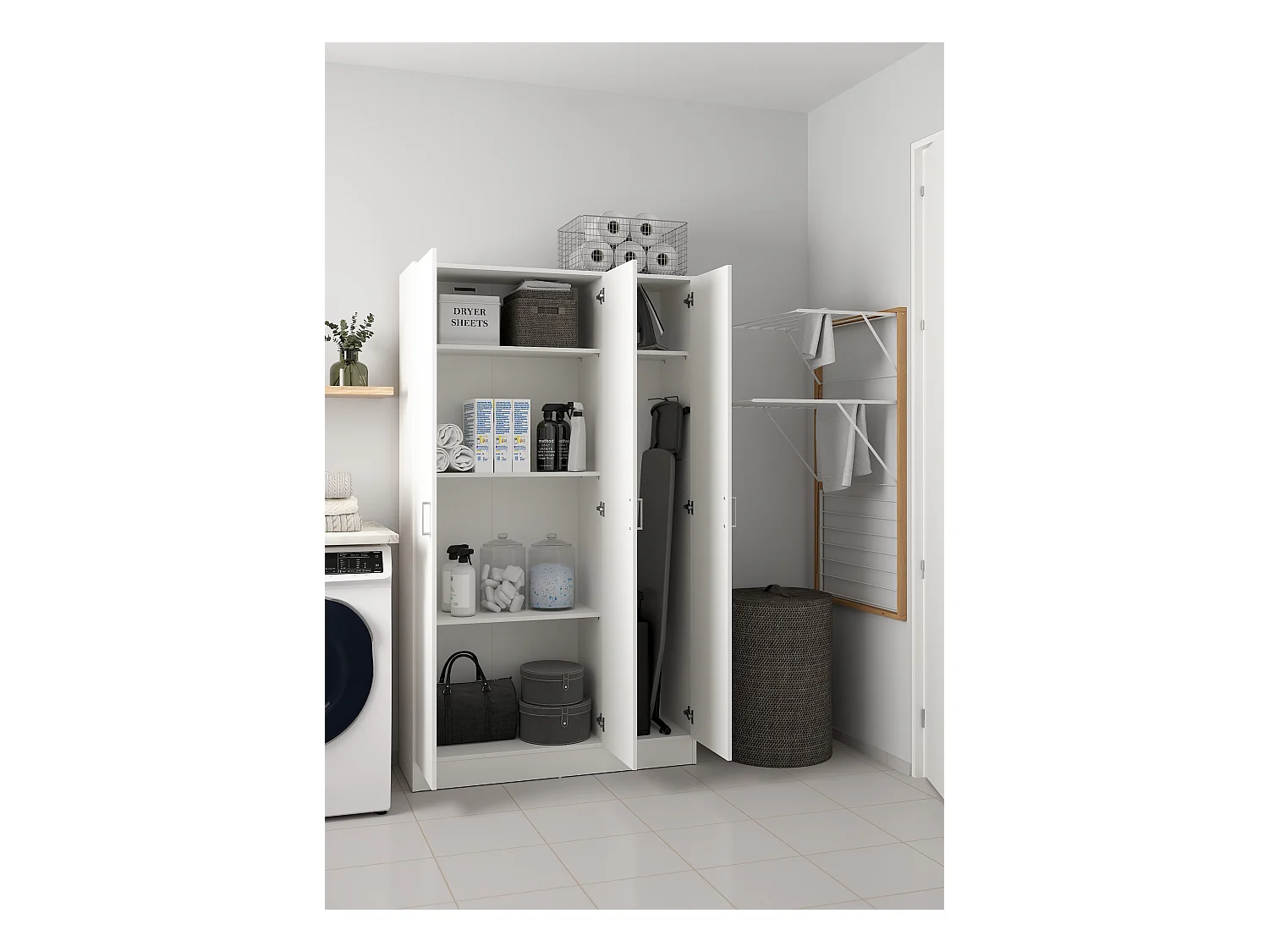 Armoire polyvalente Beaumont, Armoire auxiliaire avec 3 portes, Étagère à chaussures avec étagères, Armoire à balais, 109x37h180 cm, Blanc
