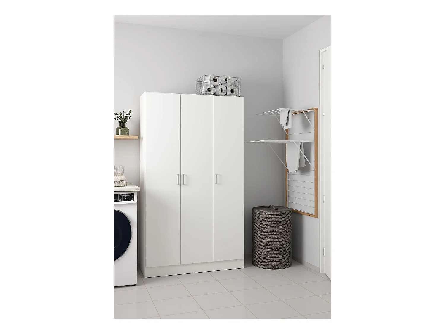 Armoire polyvalente Beaumont, Armoire auxiliaire avec 3 portes, Étagère à chaussures avec étagères, Armoire à balais, 109x37h180 cm, Blanc