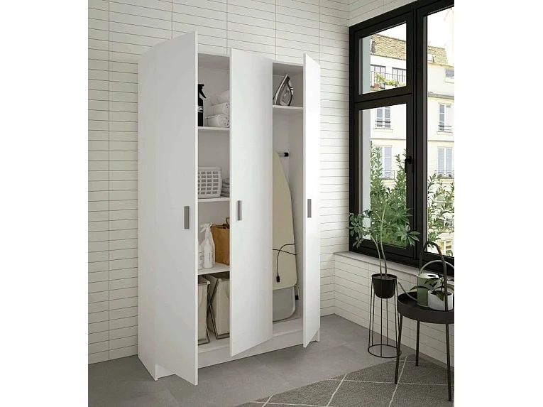 Armoire polyvalente Beaumont, Armoire auxiliaire avec 3 portes, Étagère à chaussures avec étagères, Armoire à balais, 109x37h180 cm, Blanc