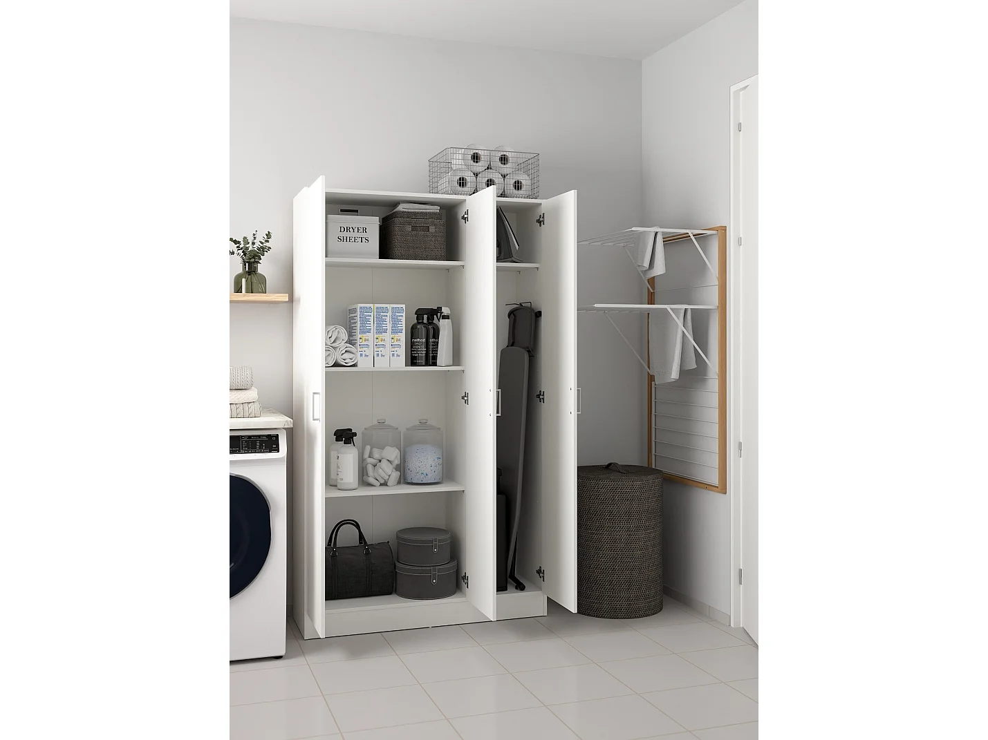 Dmora Grote Multifunctionele Kast Beaumont 37x180h cm Wit 4 Planken 6 Vakken, Bezemhouder