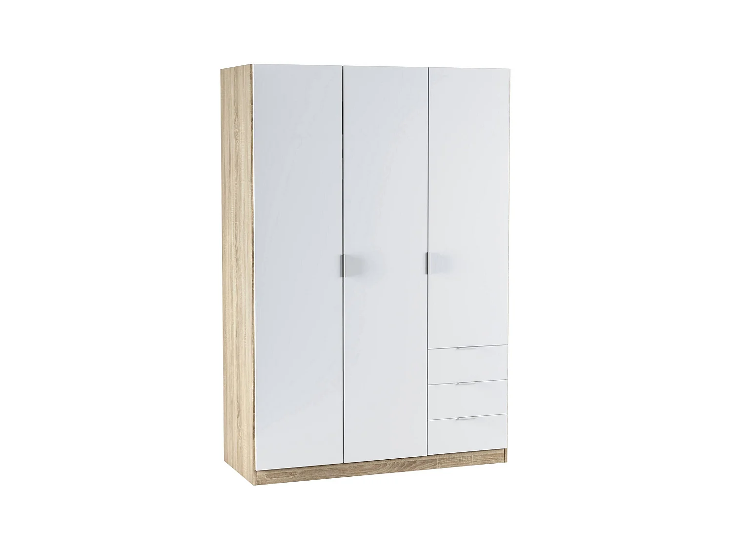 Allentown kledingkast, slaapkamerkast met 3 deuren en 3 laden, kast met ophangrail en 3 planken, 121x52h180 cm, wit en eiken