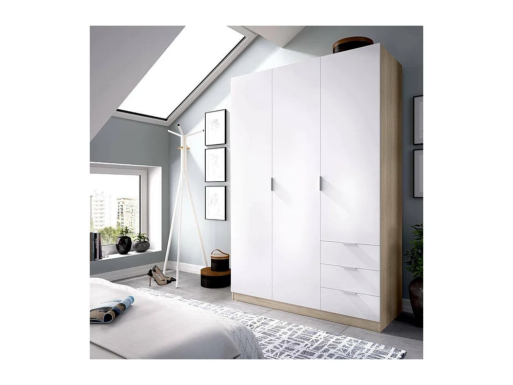 Allentown kledingkast, slaapkamerkast met 3 deuren en 3 laden, kast met ophangrail en 3 planken, 121x52h180 cm, wit en eiken
