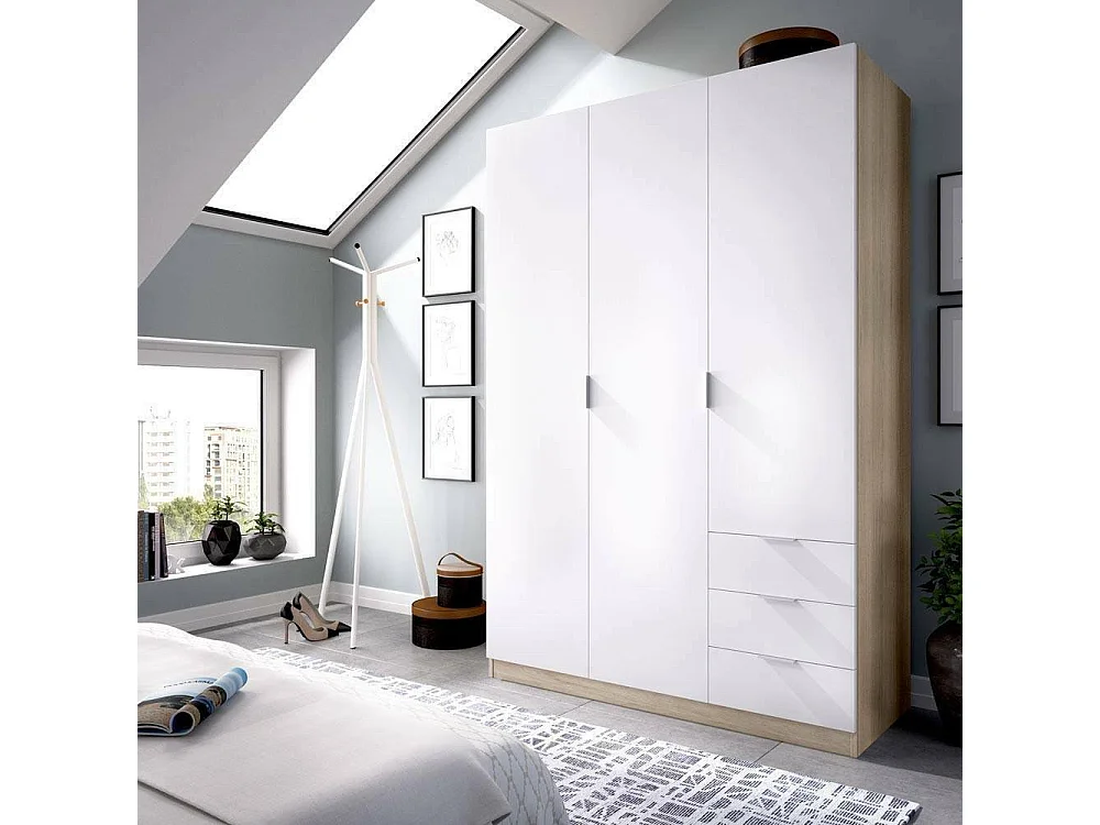Armoire Allentown, Armoire de Chambre avec 3 Portes et 3 Tiroirs, Armoire avec Barre de Suspension et 3 Étagères, 121x52h180 cm, Blanc et Chêne