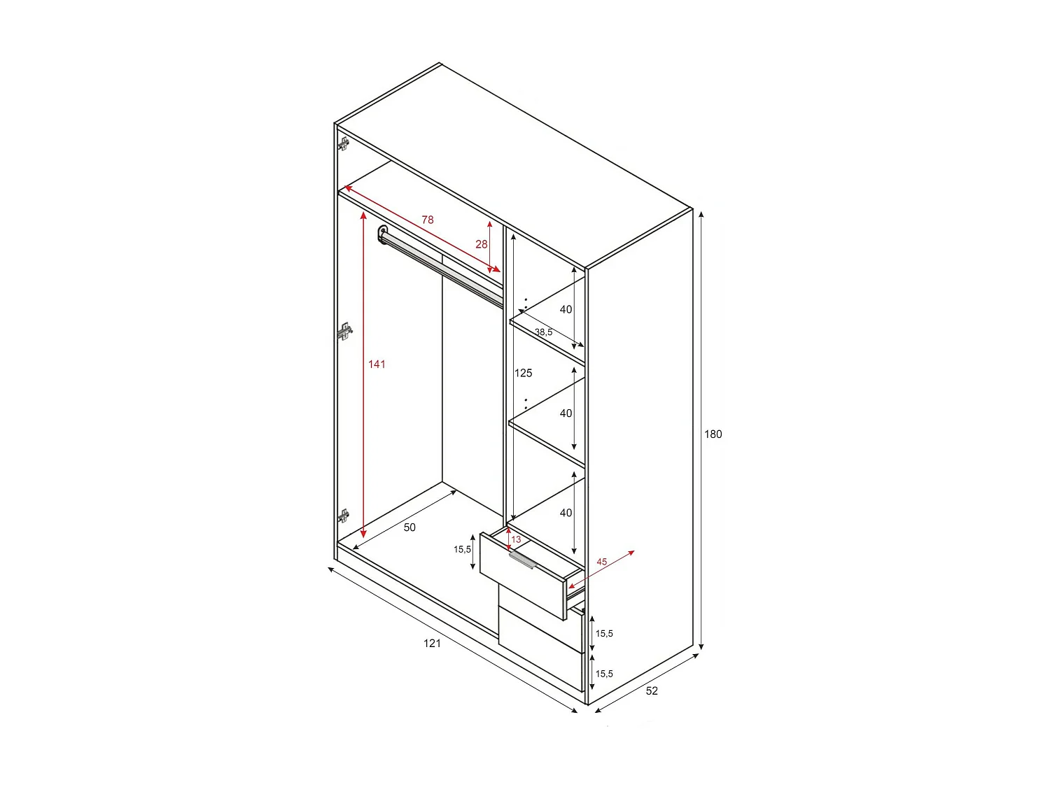 Armoire Allentown, Armoire de Chambre avec 3 Portes et 3 Tiroirs, Armoire avec Barre de Suspension et 3 Étagères, 121x52h180 cm, Blanc et Chêne