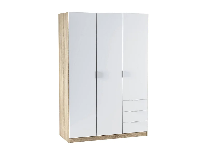 Armadio con tre ante e tre cassetti, finitura rovere canadese/bianco, dimensioni 121 cm (L) x 180 cm (A) x 52 cm (P)