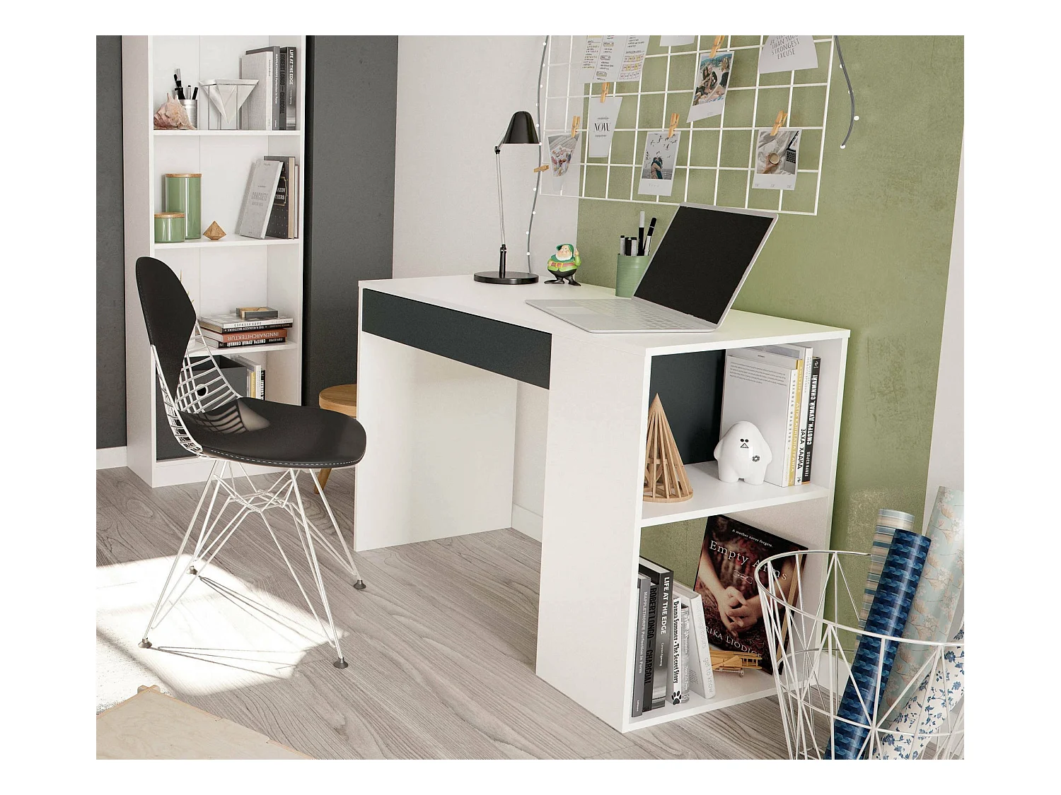 Scrivania Boise, Scrittoio multifunzione reversibile con cassetto, Tavolo da studio o ufficio porta PC, 101x50h73 cm, Bianco e Antracite