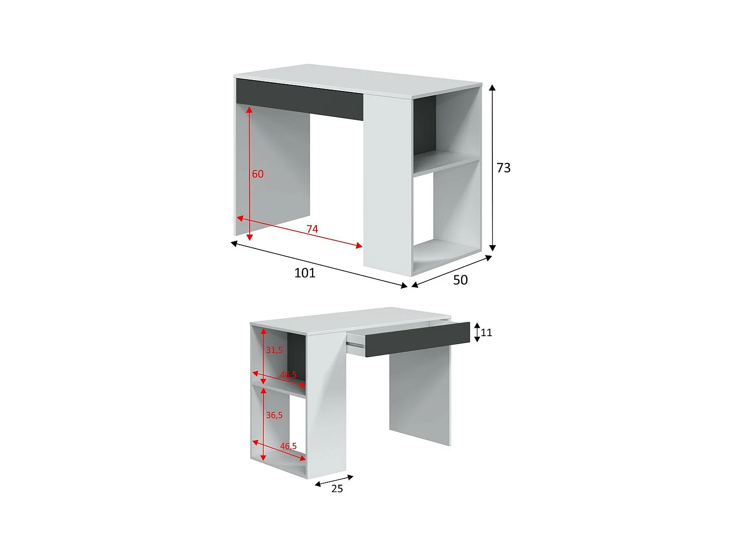 Scrivania Boise, Scrittoio multifunzione reversibile con cassetto, Tavolo da studio o ufficio porta PC, 101x50h73 cm, Bianco e Antracite