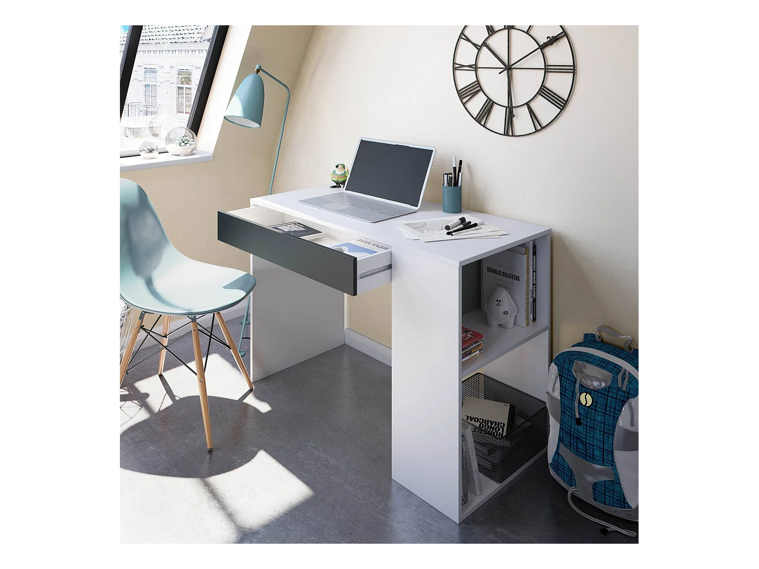 Scrivania Boise, Scrittoio multifunzione reversibile con cassetto, Tavolo da studio o ufficio porta PC, 101x50h73 cm, Bianco e Antracite