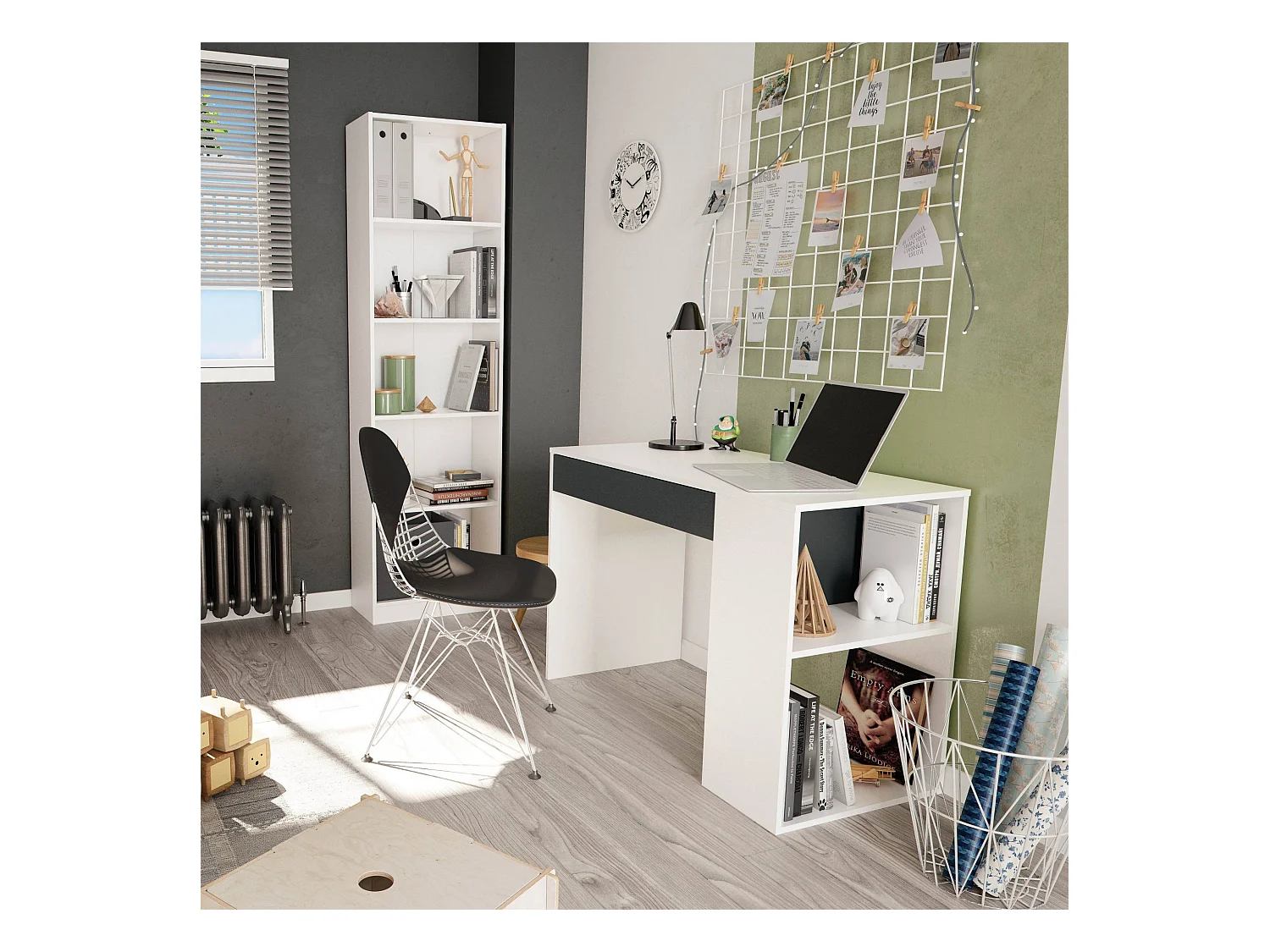 Scrivania Boise, Scrittoio multifunzione reversibile con cassetto, Tavolo da studio o ufficio porta PC, 101x50h73 cm, Bianco e Antracite