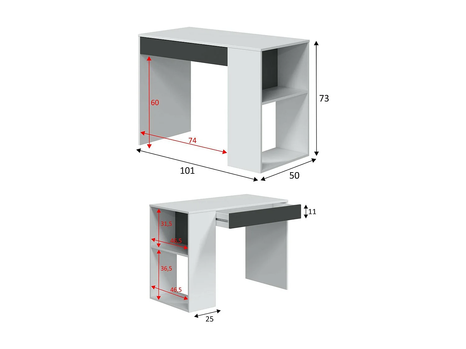Boise Bureau, Omkeerbaar multifunctioneel bureau met lade, Studeer- of kantoortafel voor pc, 101x50h73 cm, Wit en Antraciet
