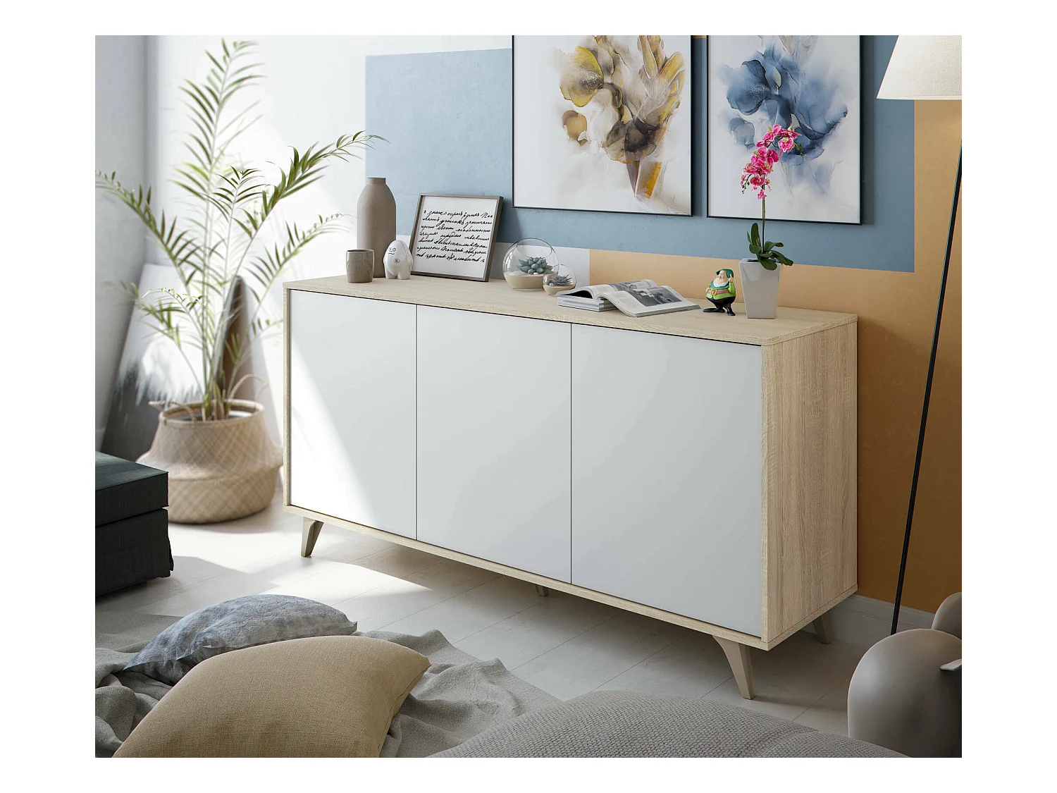 Buffet Arvada, Buffet de cuisine, Armoire design de salon, Buffet moderne avec 3 portes et étagères, 154x40h75 cm, Chêne et Blanc