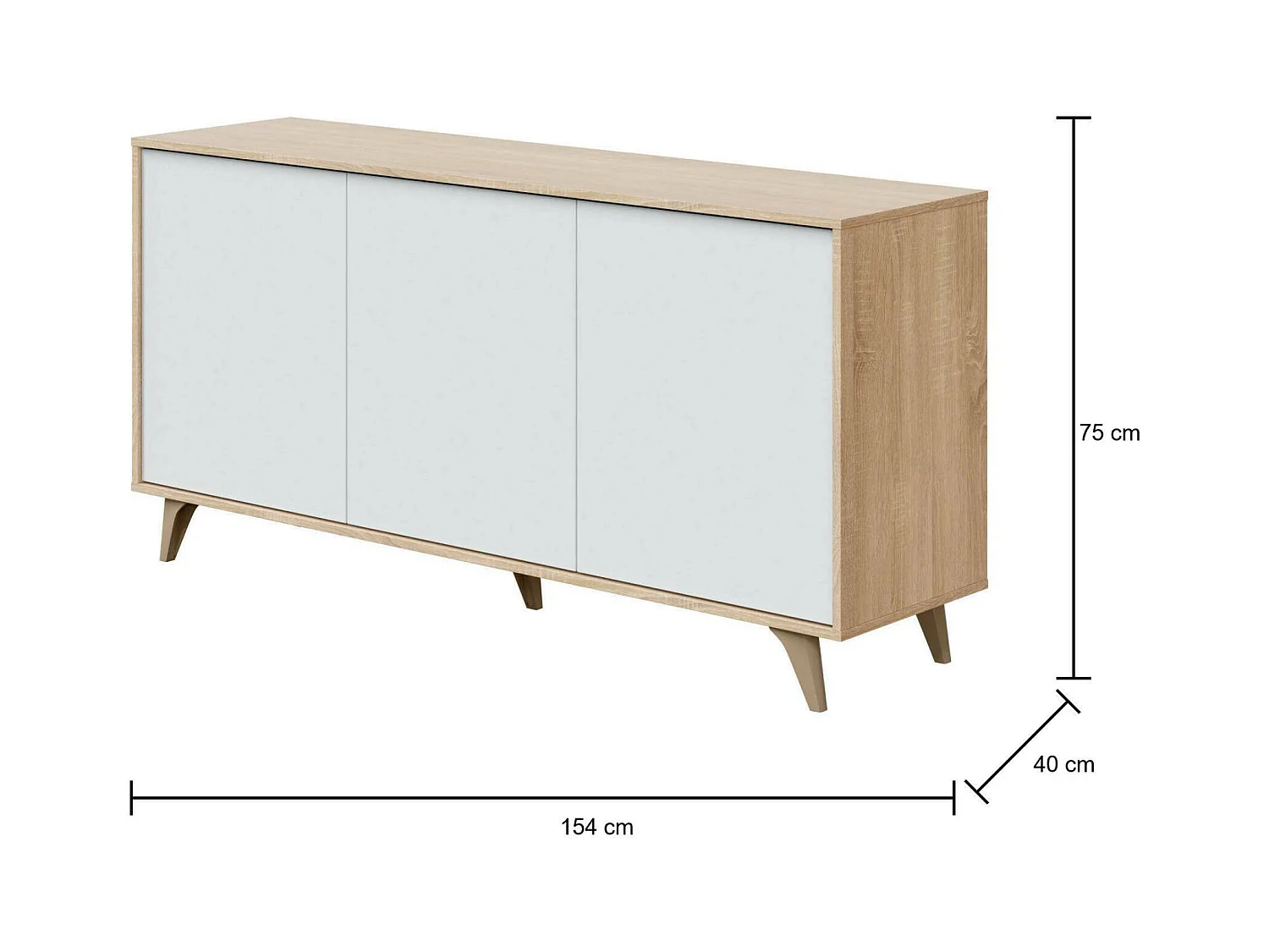 Buffet Arvada, Buffet de cuisine, Armoire design de salon, Buffet moderne avec 3 portes et étagères, 154x40h75 cm, Chêne et Blanc