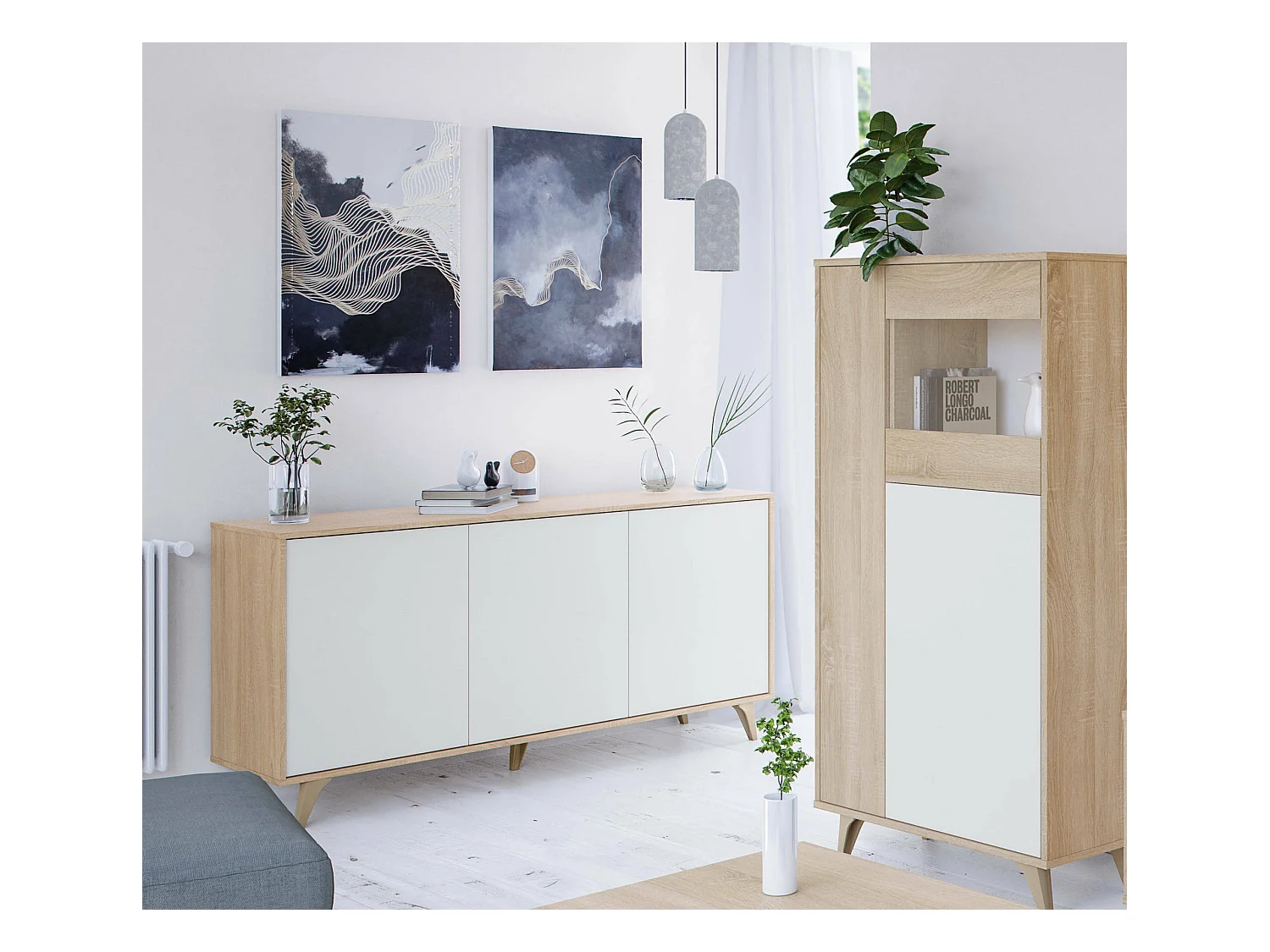 Buffet Arvada, Buffet de cuisine, Armoire design de salon, Buffet moderne avec 3 portes et étagères, 154x40h75 cm, Chêne et Blanc