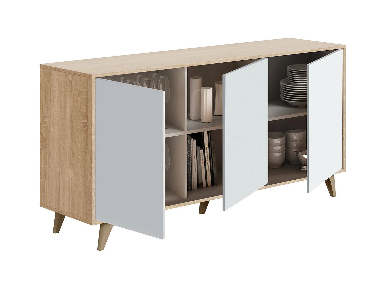 Buffet Arvada, Buffet de cuisine, Armoire design de salon, Buffet moderne avec 3 portes et étagères, 154x40h75 cm, Chêne et Blanc