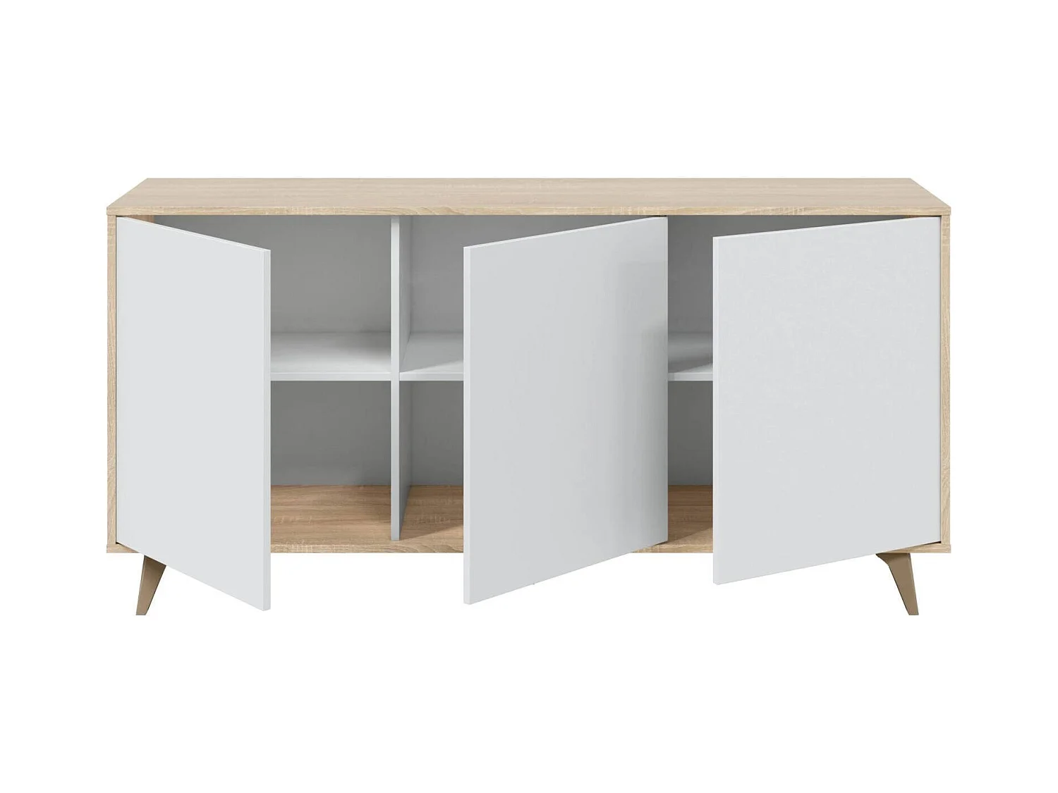 Buffet Arvada, Buffet de cuisine, Armoire design de salon, Buffet moderne avec 3 portes et étagères, 154x40h75 cm, Chêne et Blanc