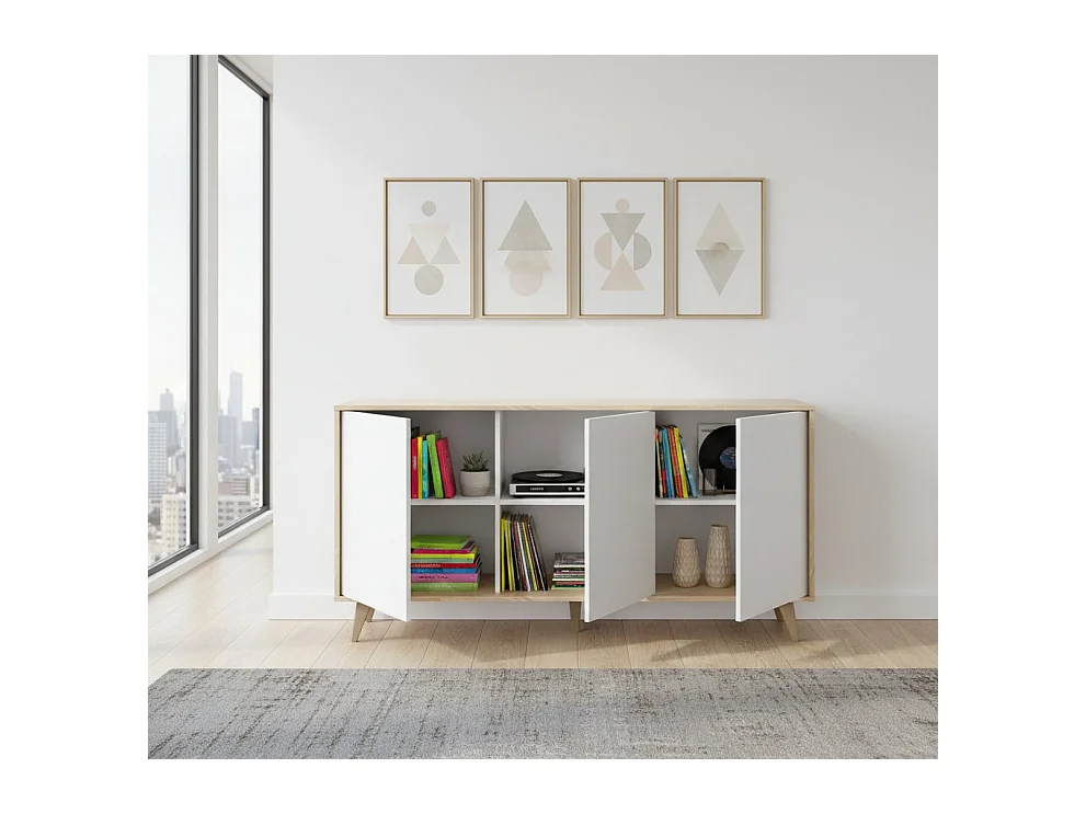 Buffet Arvada, Buffet de cuisine, Armoire design de salon, Buffet moderne avec 3 portes et étagères, 154x40h75 cm, Chêne et Blanc