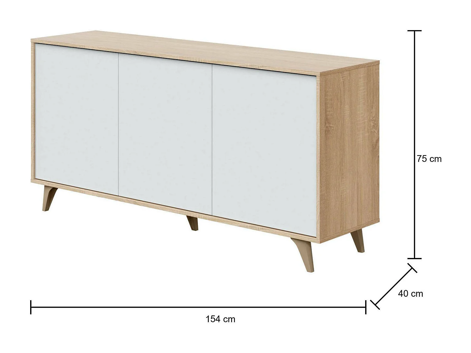 Aparador Arvada, Aparador moderno com 3 portas e prateleiras, Buffet de cozinha, Buffet de sala de estar, 154x40h75 cm, Carvalho e Branco