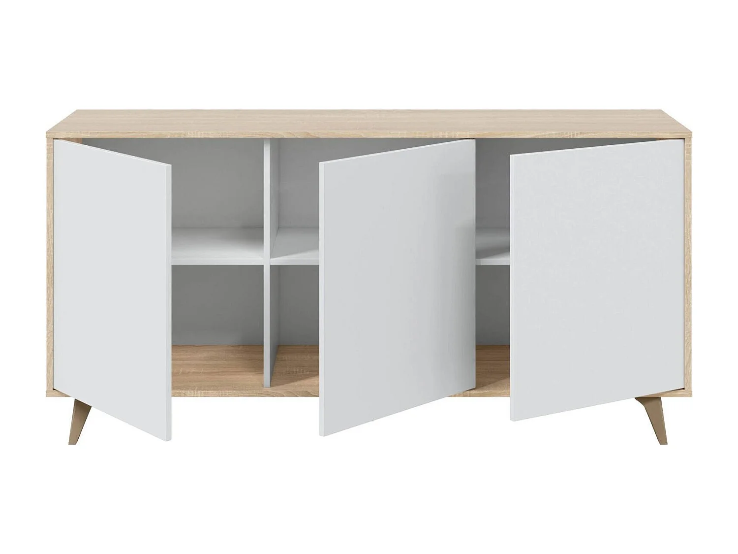 Aparador Arvada, Aparador moderno com 3 portas e prateleiras, Buffet de cozinha, Buffet de sala de estar, 154x40h75 cm, Carvalho e Branco