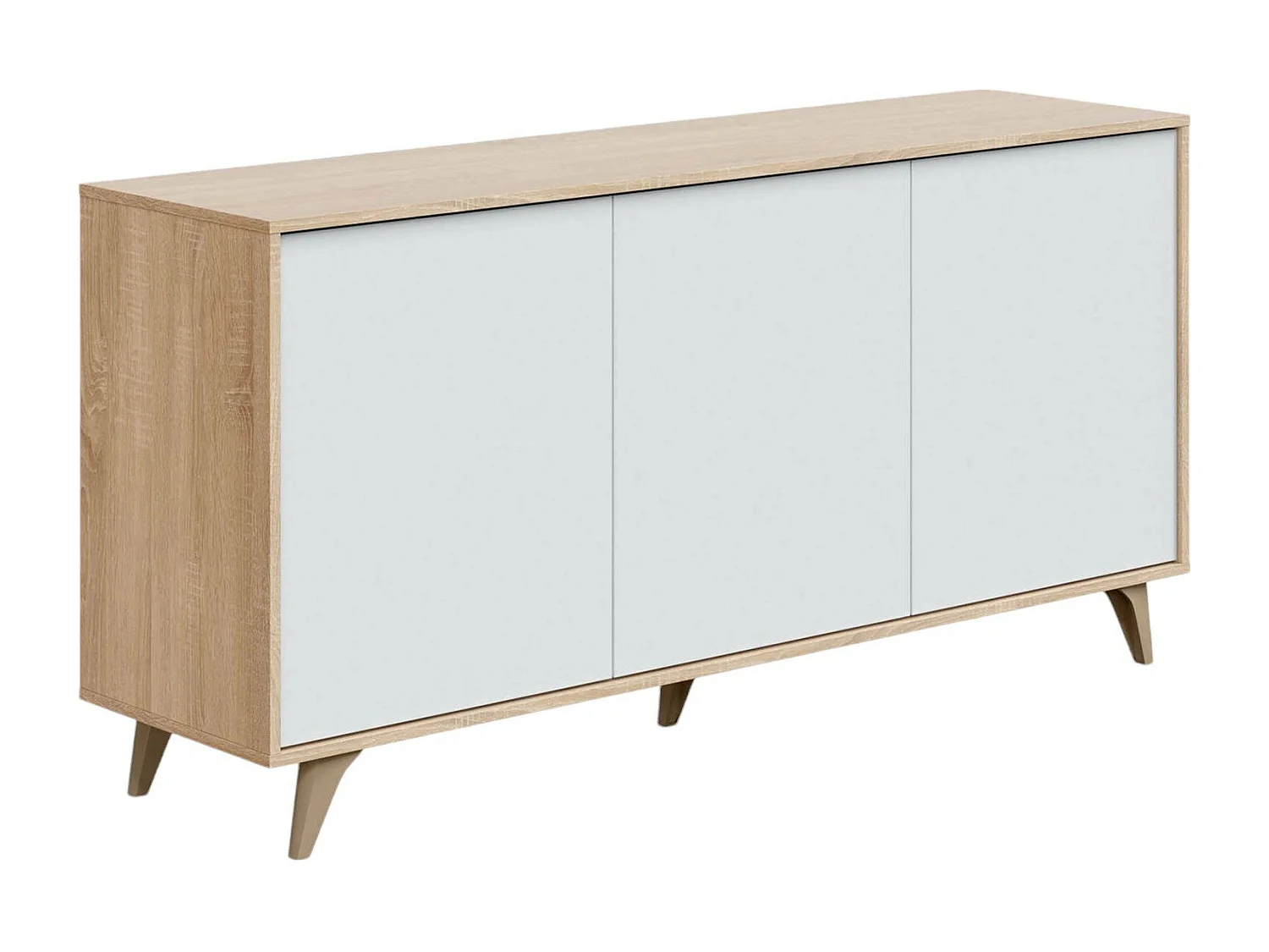Buffet Arvada, Buffet de cuisine, Armoire design de salon, Buffet moderne avec 3 portes et étagères, 154x40h75 cm, Chêne et Blanc