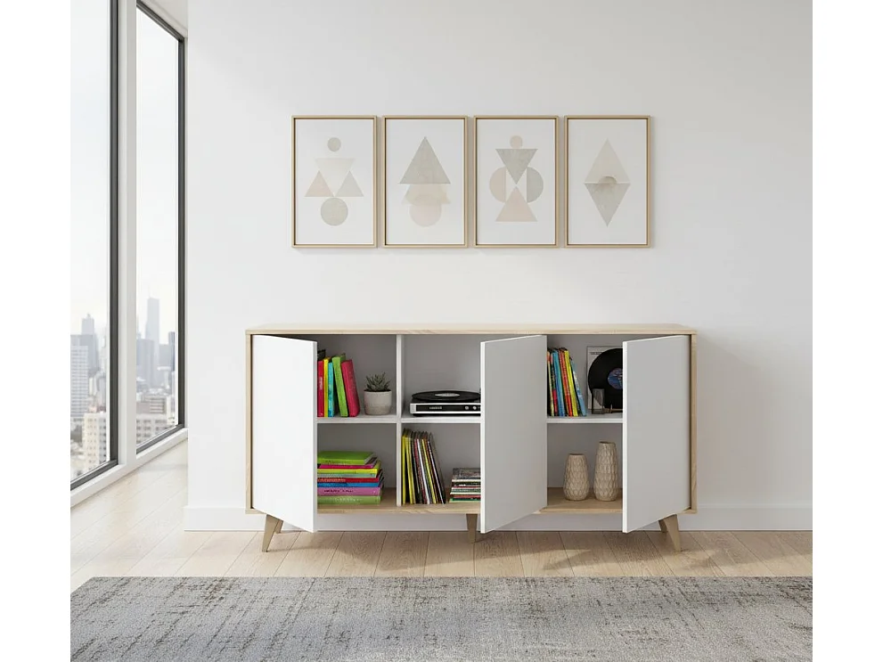 Buffet Arvada, Buffet de cuisine, Armoire design de salon, Buffet moderne avec 3 portes et étagères, 154x40h75 cm, Chêne et Blanc