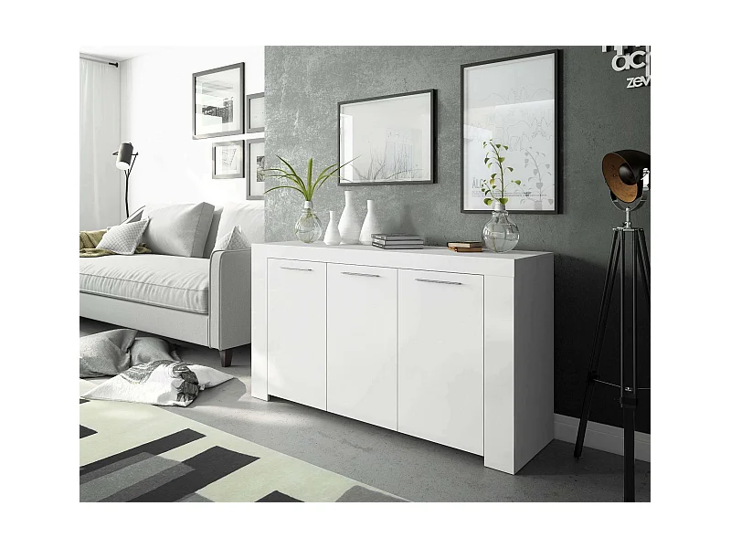 Buffet Bellevue, Buffet de salon, Meuble TV, Buffet pour salon, Armoire moderne avec 3 portes, 144x42h80 cm, Blanc