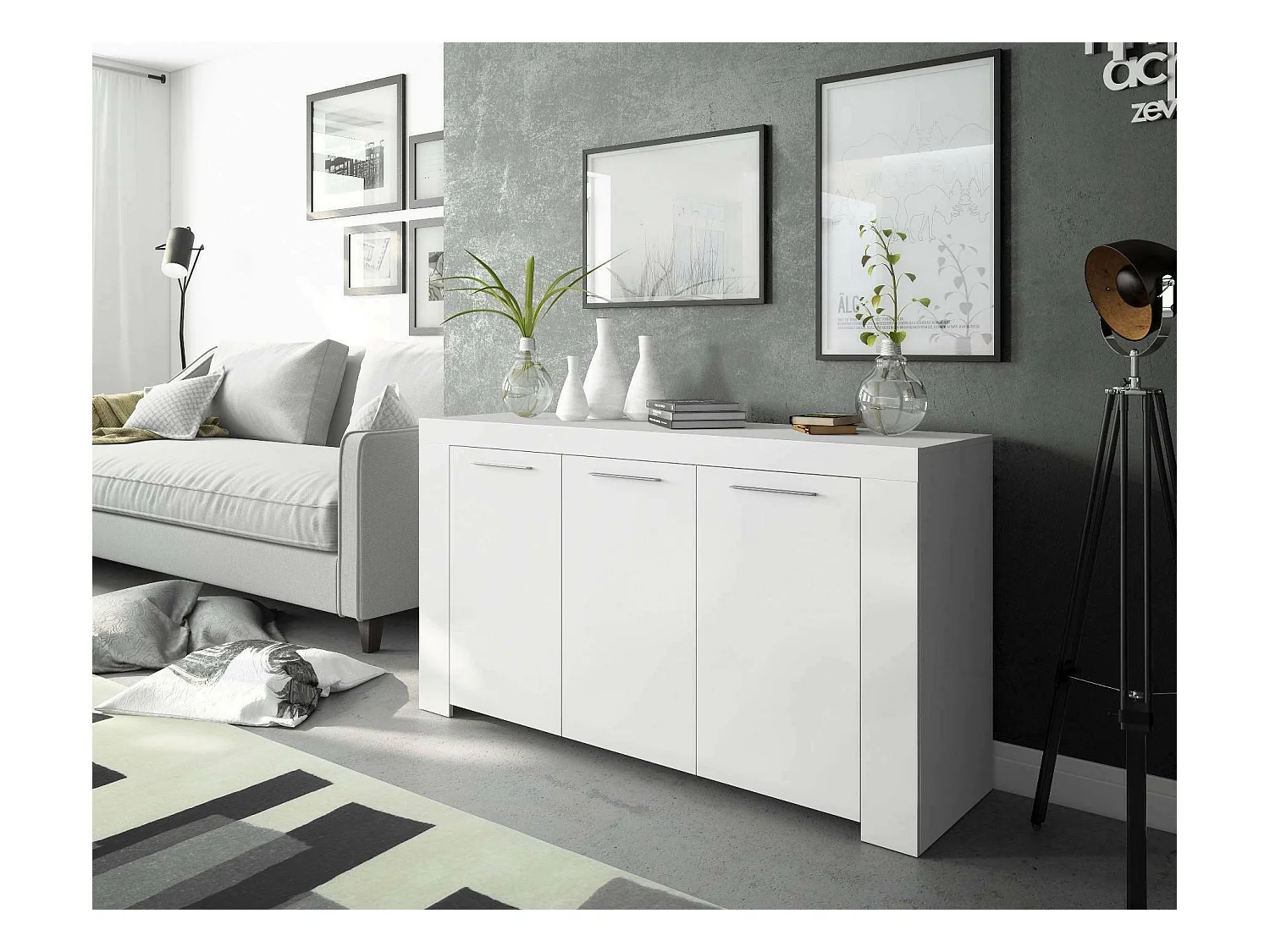 Bellevue dressoir, Modern dressoir met 3 deuren, Woonkamerbuffet, TV-kast, Dressoir voor woonkamer, 144x42h80 cm, Wit