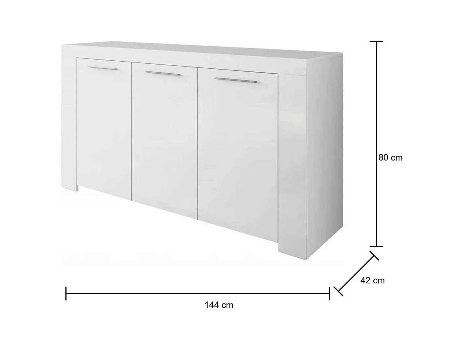 Bellevue dressoir, Modern dressoir met 3 deuren, Woonkamerbuffet, TV-kast, Dressoir voor woonkamer, 144x42h80 cm, Wit